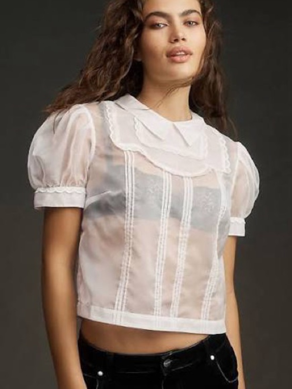 MAEVE SHORT-SLEEVE SHEER SCALLOP-TRIM BLOUSE